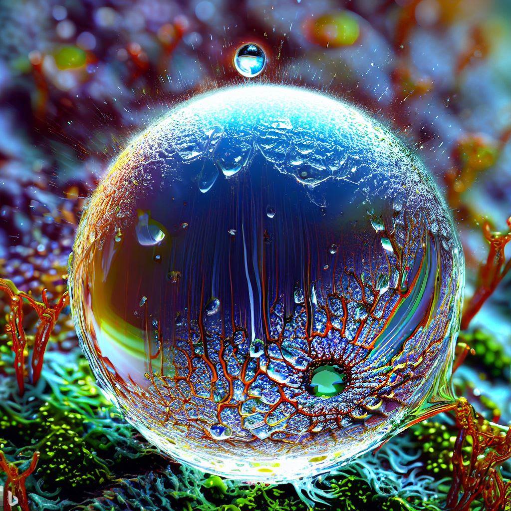 7- 3D hyper-detailed joyfully bursting spattering raindrop with lichen nano-circuitry woven into iris-stroma eye-pupil at its core, spattering wet rainforest moss synapses, mirroring recursion.jpg